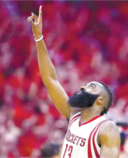  ?? (AP FOTO) ?? BRING ON THE WARRIORS. James Harden celebrates Houston’s Game 7 victory against the LA Clippers. The Rockets became the first team in nine years to erase a 3-1 lead and will return to the Western Conference Finals for the first time since 1997.