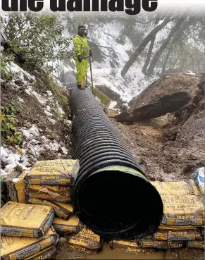  ?? Courtesy photo /Tuolumne Utilities District ?? ATUD worker on Friday near the Lower Soulsbyvil­le Ditch. A section of ditch failed due to snow and needed to be replaced.tud installed a 60-foot section of pipe.