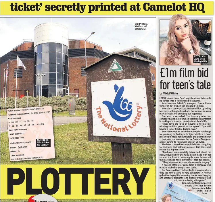  ??  ?? NUMBERS UP: A ticket for Lottery BIG PROBE: Watford HQ of Camelot POT LUCK: Jane lived the high life