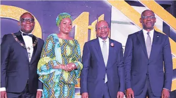  ??  ?? President/chairman of Council. Chartered Institute of Bankers of Nigeria (CIBN), Uche Messiah Olowu (left); Deputy Governor, Financial System Stability, Central Bank of Nigeria (CBN), Mrs. Aishah Ahmad; CBN Governor, Godwin Emefiele; and Chief Executive Officer, Union Bank, Emeka Emuwa, at the 54th CIBN yearly dinner held in Lagos.