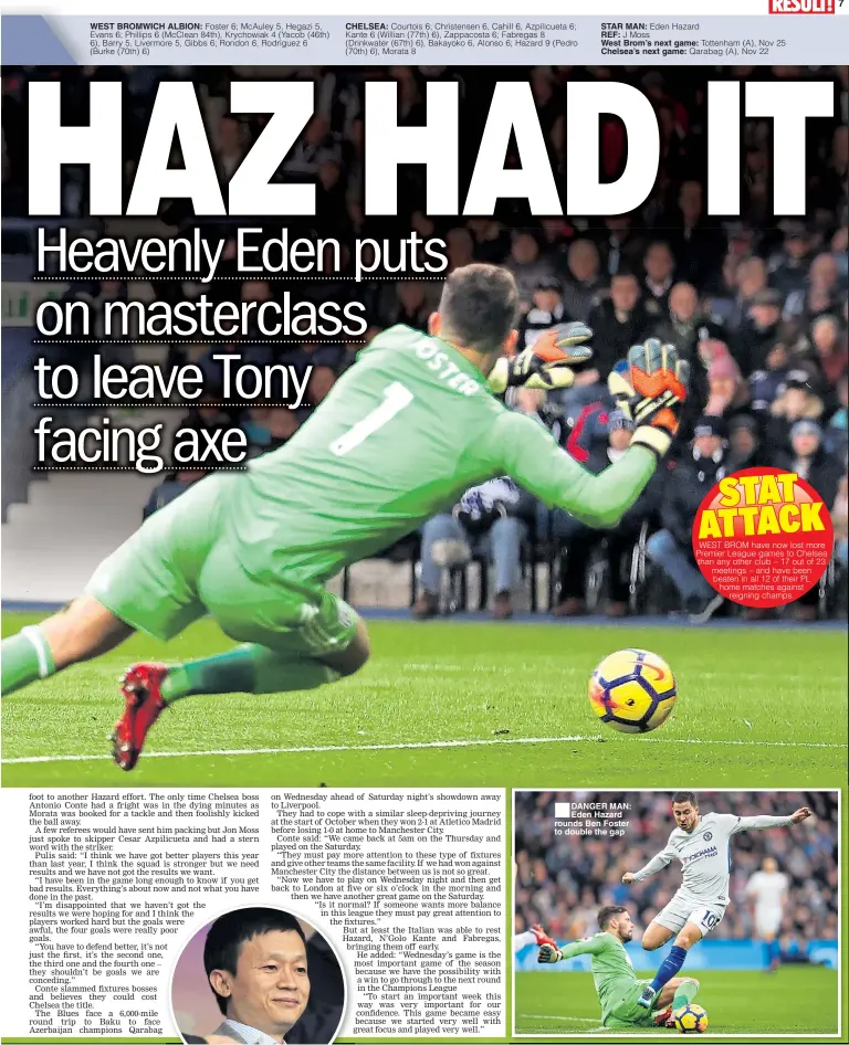  ??  ?? WEST BROMWICH ALBION: CHELSEA: STAR MAN:
REF:
West Brom’s next game: Chelsea’s next game: ■
DANGER MAN: Eden Hazard rounds Ben Foster to double the gap