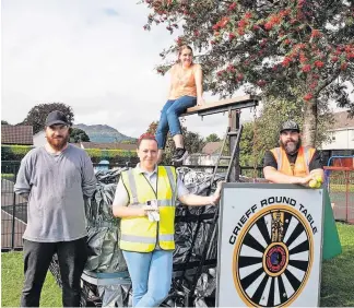  ?? ?? Fundraiser Graeme Roy and Ryan McKay of Crieff Round Table and Friends of Legion Park’s Terri Bacon and Pam Gillies on the ducking stool. More pictures will be included in next week’s Herald