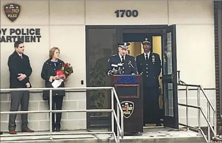  ?? PHOTO BY DANIELLE EPTING, FOR DIGITAL FIRST MEDIA ?? Retiring Assistant Chief George VanBramer says farewell and thanks Troy police officers and his family members.