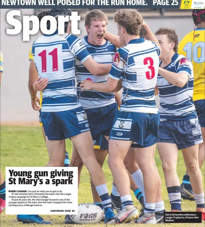  ?? Picture: Nev Madsen ?? Harry Schwenke celebrates a Langer Trophy try.