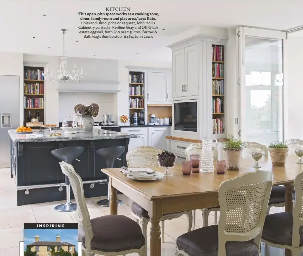  ??  ?? Kitchen ‘This open-plan space works as a cooking zone, diner, family room and play area,’ says Kate. Units and island, price on request, John Hollis. Cabinetry painted in Pavilion gray and off-black estate eggshell, both £60 per 2.5 litres, Farrow &...