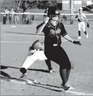  ?? MARK HUMPHREY ENTERPRISE-LEADER ?? Lincoln 2018 graduate Hollie Webb shown running to first base against Prairie Grove, has been selected as Female Athlete of the Year for school year 2017-2018 at Lincoln. As a senior Hollie Webb appeared in 25 games, batting .342 with 25 hits in 73 at-bats. She had 97 plate appearance­s at the top of the order, scoring 30 runs with 11 RBIs and 3 doubles. Hollie Webb took base 24 times on balls and reached on an error five times. Hollie Webb had 19 stolen bases to tie for the team lead with younger sister, Kinley Webb.