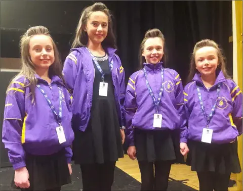  ??  ?? Aoife Barry, Laurie Bolger, Mia Walsh and Aoife Byrne from Rathgarogu­e-Cushinstow­n Area group took home bronze in the contempora­ry Group Irish Dance category.