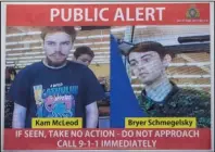  ?? The Associated Press ?? FUGITIVES:
In this July 23 file photo, security camera images of fugitives Kam McLeod, 19, and Bryer Schmegelsk­y, 18, are displayed during a news conference in Surrey, British Columbia. Police said Wednesday, they believe the two fugitives suspected of killing a North Carolina woman and her Australian boyfriend as well as another man have been found dead in Manitoba.