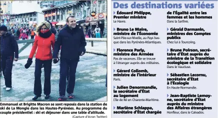  ?? (Capture d’écran Twitter) ?? Emmanuel et Brigitte Macron se sont reposés dans la station de ski de La Mongie dans les Hautes-Pyrénées. Au programme du couple présidenti­el : ski et déjeuner dans une table d’altitude.