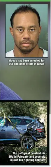  ??  ?? Woods has been arrested for DUI and done stints in rehab
The golf great crashed his SUV in February and severely injured his right leg and foot