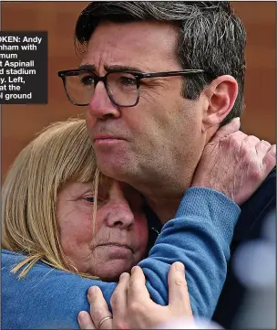  ??  ?? BROKEN: Andy Burnham with victim’s mum Margaret Aspinall at Anfield stadium yesterday. Left, tributes at the Liverpool ground