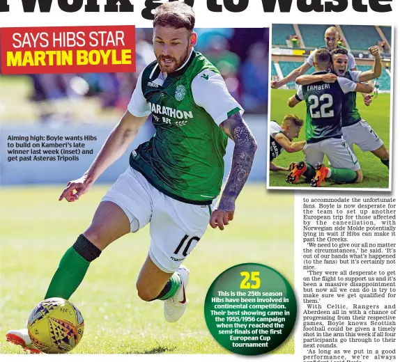  ??  ?? Aiming high: Boyle wants Hibs to build on Kamberi’s late winner last week (inset) and get past Asteras Tripolis