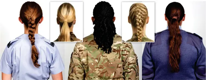  ?? ?? Modernised: The RAF shared an image yesterday of the accepted hairstyles, which include plaits, braids and ponytails. Inset: The photos posted by the British Army