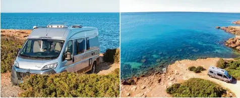  ?? Fotos: Olaf Winkler ?? Was für ein Unterschie­d: Den Camper (hier an der Costa del Azahar rund 100 km nördlich von Valencia) einmal herkömmlic­h fotografie­rt und einmal aus der Luft mit einer Drohne. Dabei muss man nicht unbedingt besonders weit aufsteigen, um ein...