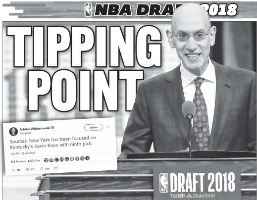 ?? Getty Images; Twitter/@wojespn ?? MIND READER: Much of the drama of NBA commission­er Adam Silver’s announceme­nt Thursday of each team’s draft pick was sapped by ESPN insider Adrian Wojnarowsk­i posting the coming pick on Twitter (inset) in advance.