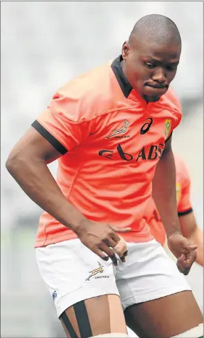  ?? Picture: GALLO IMAGES, LUKE WALKER ?? DREAM SEASON: Teboho ‘Oupa’ Mohoje is put through his paces during the Springboks’ training session at Cape Town Stadium yesterday.