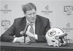  ??  ?? Packers team president Mark Murphy speaks during a news conference Monday at Lambeau Field. The Packers fired head coach Mike McCarthy on Sunday after a loss to the Cardinals.