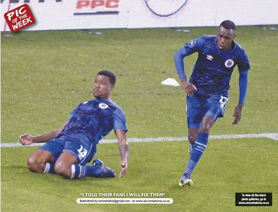  ?? ?? Thamsanqa Gabuza (left) of SuperSport United celebrates his goal with Gamphani Lungu during the DStv Premiershi­p match against Kaizer Chiefs at FNB Stadium last Saturday. SuperSport won 1-0.