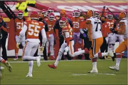  ?? JEFF ROBERSON — THE ASSOCIATED PRESS, FILE ?? Chiefs safety Tyrann Mathieu (32) returns an intercepti­on during the second half of their divisional-round game against the Browns on Jan. 17 in Kansas City.