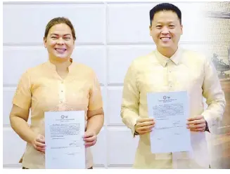  ?? ?? Photos from left show vice president-elect Sara Duterte posing with Valenzuela District 1 representa­tiveelect Rex Gatchalian