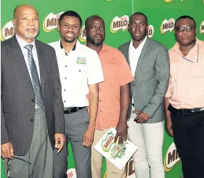  ??  ?? Milo Western Relays heavy hitters, including Meet Director Ray Harvey (left), Ockino Petrie consumer Marketing Manager Nestlé Milo, Stephen Smith, patron, Olympian Marvin Anderson, and Green Island High School coach Michael McIntosh during the launch...