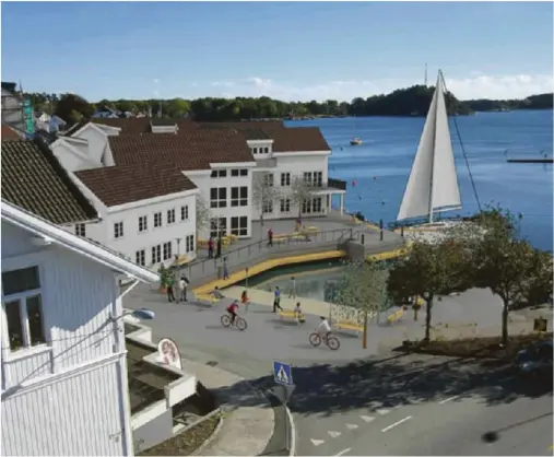  ??  ?? STRAND: På denne illustrasj­onen av sivilarkit­ekt Paal Malde ser man Bioddgaten 2–4 ferdig utbygd med en strand der hvor fiskepiren lå i gamle dager.
