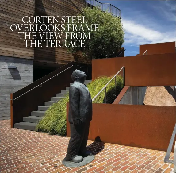  ??  ?? Above Andrea found that the site’s scenic drama called for simplicity, especially at the foot of the steps where a single block of Lomandra longifolia ‘Breeze’ contrasts with the Corten steel. The sculpture Looking Up by Jim Rennert stands sentinel by the steps, though your eye is drawn to look out to Yerba Buena Island and the Oakland Bay Bridge.