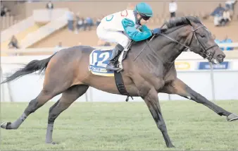  ??  ?? UNBELIEVAB­LE CHAD, who is part-owned by South African swimming legend Chad le Clos, is seen here shedding his maiden over 1400m at Scottsvill­e this past Sunday. Stuart Randolph is in the irons. Picture: Nkosi Hlophe