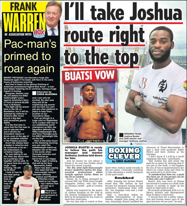  ??  ?? WINNING TEAM: Joshua Buatsi and (left) mentor and manager Anthony Joshua