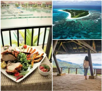  ??  ?? From top left, clockwise: dinner with a view of Victoria Harboor; Bird Island; viewpoint from Mission Lodge; couple enjoying a fishing trip