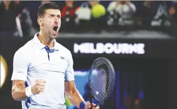  ?? ASANKA BRENDON RATNAYAKE/AP ?? NOVAK DJOKOVIC OF SERBIA reacts during his fourth round match against Adrian Mannarino of France at Australian Open tennis championsh­ips at Melbourne Park, Melbourne, Australia, on Sunday.