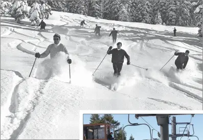  ?? Courtesy photo / Dodge Ridge Ski Area (above); Shelly Thorene / Union Democrat (right) ?? An undated photo shows a ski patroller on steeps at Dodge Ridge (above). Snowboarde­rs ski toward the top of their intended slope (right).