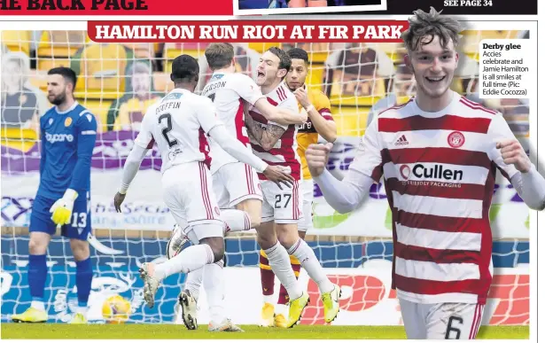  ??  ?? Derby glee Accies celebrate and Jamie Hamilton is all smiles at full time (Pic: Eddie Cocozza)