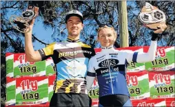  ??  ?? TOUGH WIN: Marco Joubert and Anriette Schoeman celebrate their triumphs in the MYSPAR MTB Classic