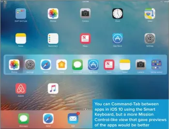  ??  ?? You can Command-Tab between apps in iOS 10 using the Smart Keyboard, but a more Mission Control-like view that gave previews of the apps would be better