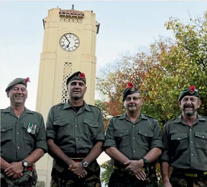  ?? PHOTO: KELLEY TANTAU/STUFF ?? Four of the seven ex-servicemen who fired their final shots at the Cambridge Anzac Day dawn and civic services: Ross Moratti, Dennis Porima, Merv Balloch and Andrew Hardy.