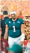  ?? ROSS D. FRANKLIN/AP ?? Quarterbac­k Jalen Hurts reacts after the Eagles lose to the Kansas City Chiefs in Super Bowl LVII on Feb. 12.