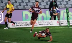  ??  ?? Tom Trbojevic scored two and set up another three tries in Manly’s win over the Bulldogs on the Central Coast. Photograph: Ryan Pierse/Getty Images