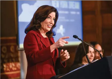  ?? HANS PENNINK — THE ASSOCIATED PRESS ?? New York Gov. Kathy Hochul presents her executive state budget in the Red Room at the state Capitol Wednesday, Feb. 1, 2023, in Albany, N.Y.