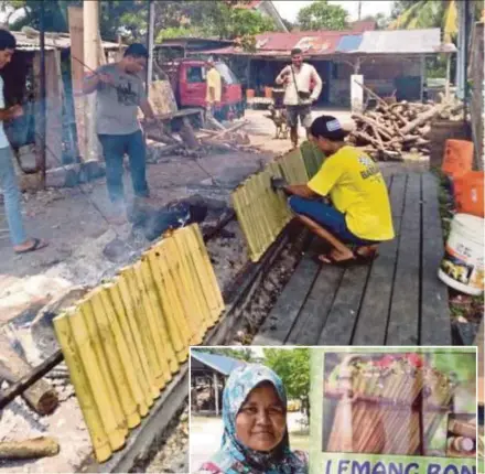  ?? PIX BY THARANYA ARUMUGAM ?? Workers cooking lemang at Supaat Basir and Normala Said’s stall in Kampung Subang, Shah Alam. (Inset) Normala at the stall.