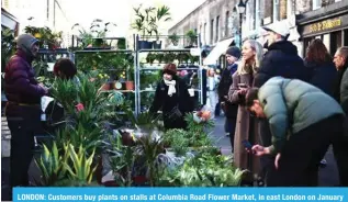  ?? ?? LONDON: Customers buy plants on stalls at Columbia Road Flower Market, in east London on January 7, 2024.— AFP
