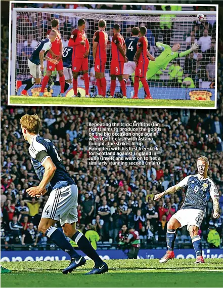  ??  ?? Repeating the trick: Griffiths (far right) aims to produce the goods on the big occasion once again when Celtic clash with Astana tonight. The striker lit up Hampden with his first free-kick for Scotland against England in June (inset) and went on to net a similarly stunning second (main)