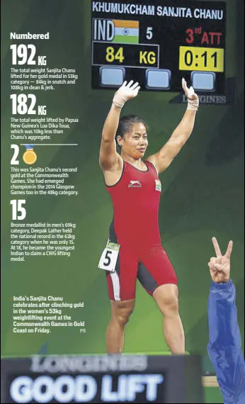  ?? PTI ?? India’s Sanjita Chanu celebrates after clinching gold in the women's 53kg weightlift­ing event at the Commonweal­th Games in Gold Coast on Friday.