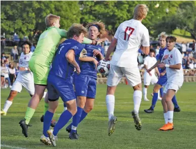  ?? STAFF PHOTO BY C.B. SCHMELTER ?? Baylor’s Riley Shankle (17) scores a goal off of his hip against McCallie at McCallie School on Friday. Baylor won 2-0.