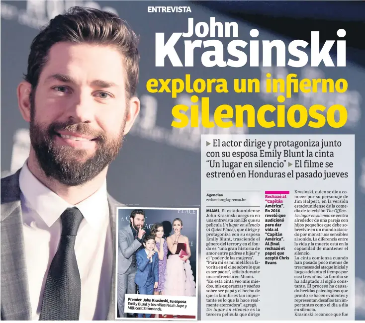  ??  ?? Premier. John Krasinski, su esposa Emily Blunt y los niños Noah Jupe y Millicent Simmonds.