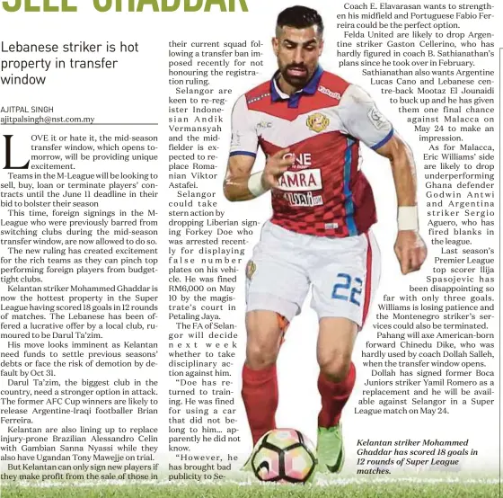  ??  ?? Kelantan striker Mohammed Ghaddar has scored 18 goals in 12 rounds of Super League matches.