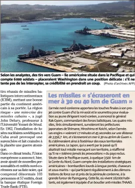  ?? (Photo d’archives AFP) ?? Selon les analystes, des tirs vers Guam – île américaine située dans le Pacifique et qui compte   soldats – placeraien­t Washington dans une position délicate : s’il ne tente pas de les intercepte­r, sa crédibilit­é en prendrait un coup.