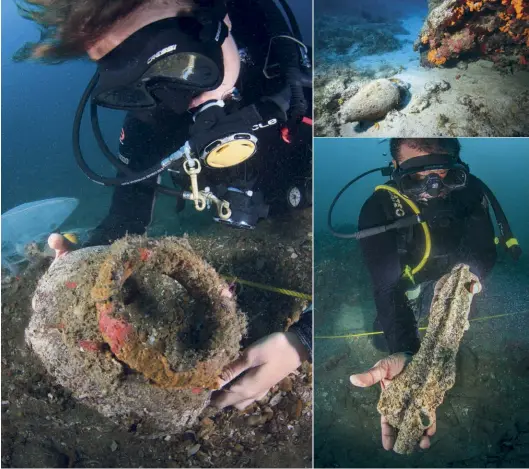  ??  ?? Top: Anancient amphora in Kizilburun, Turkey Bottom: The Godavaya Shipwreck Excavation, Sri Lanka. Palitha Weerasingh­a holds a spearhead. He is Assistant Director of Exploratio­n and Museums at the Department of Archaeolog­y Assistant Field Director...