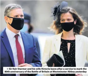  ??  ?? Sir Keir Starmer and his wife Victoria leave after a service to mark the 80th anniversar­y of the Battle of Britain at Westminste­r Abbey yesterday