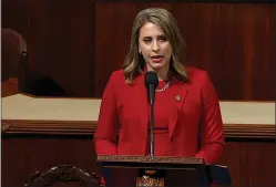  ?? PHOTO BY HOUSE TV ?? Democratic Rep. Katie Hill of California gives her final speech on the floor of the House of Representa­tives on Thursday.